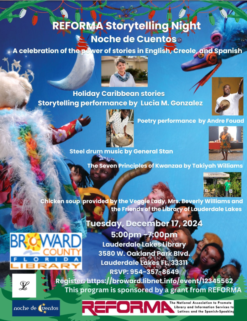 Flyer with a storyteller picture background and information about a Storytelling Night in Broward County, Florida, listing the performers, time and place.